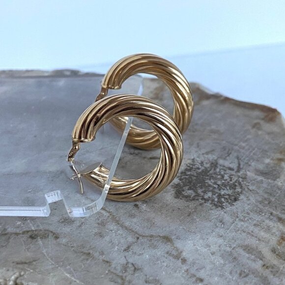 Gold Vermeil Sterling Silver 925 0.90" Twisted Rope Hollow Hoop Earrings Hinged - Picture 1 of 16
